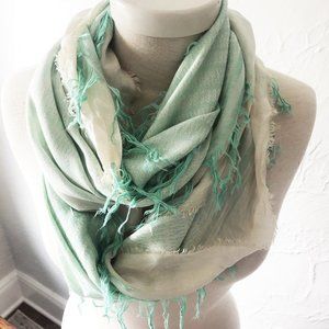 Green & White Tassled Infinity Scarf